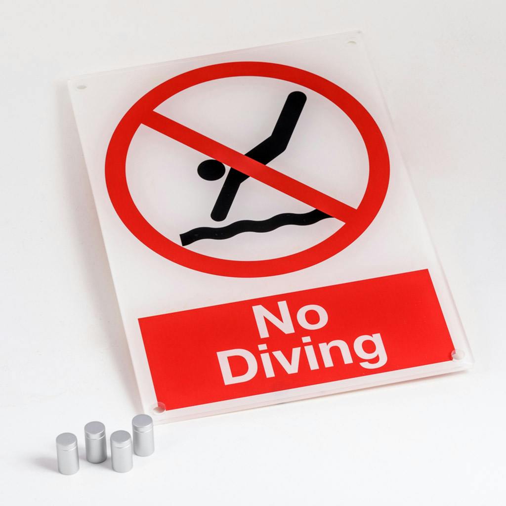 "No diving" methacrylate plate, for pool